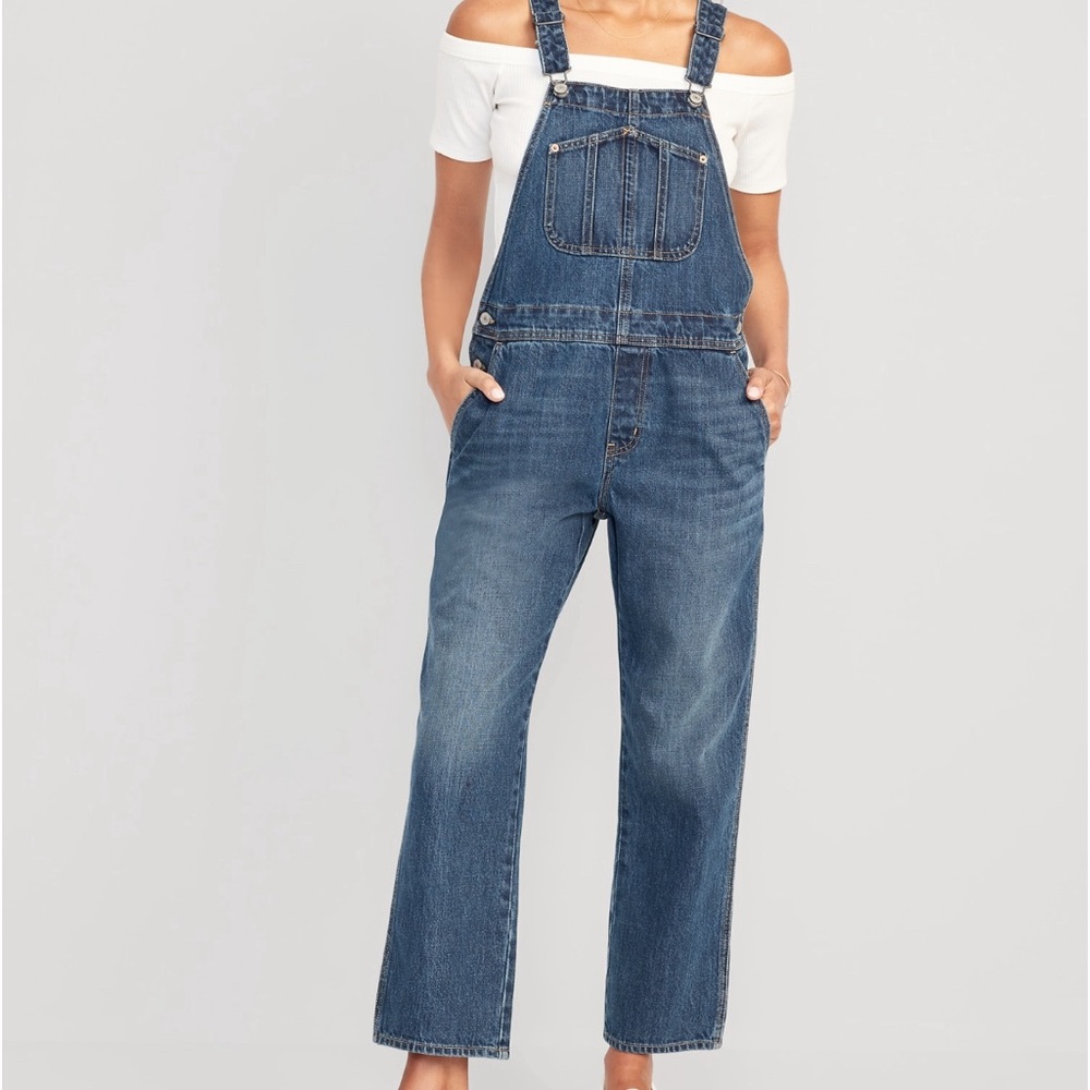 Long old navy denim overalls